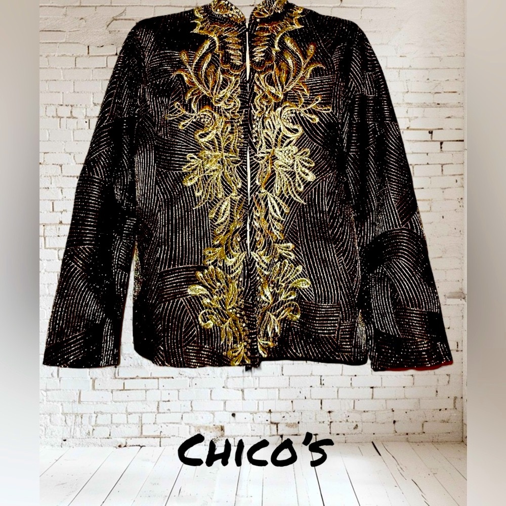 Chico’s Brown Metallic Gold Thread Embroidered Long Sleeve Jacket - Size 3 (XL)